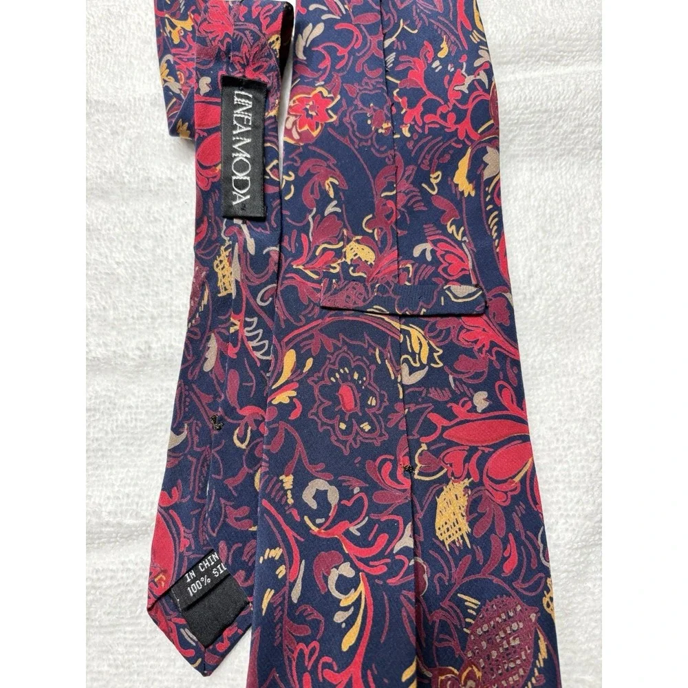 Vtg Linea Moda Colorful Floral Patterned Silk Necktie Tie Blue Burgundy Yellow